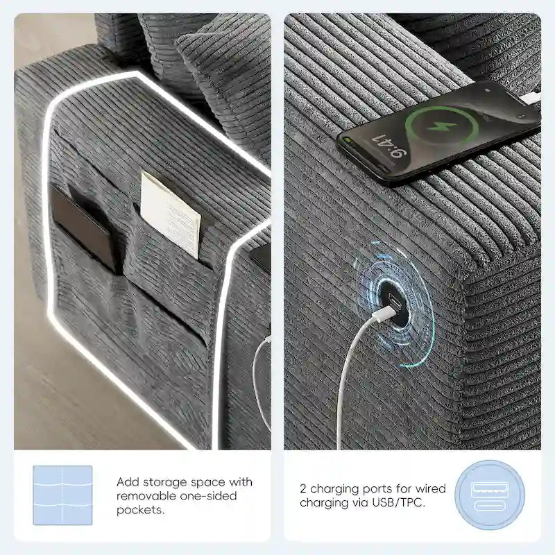 Canapé d'angle en chenille en U avec pouf, console, porte-gobelet, siège large, USB