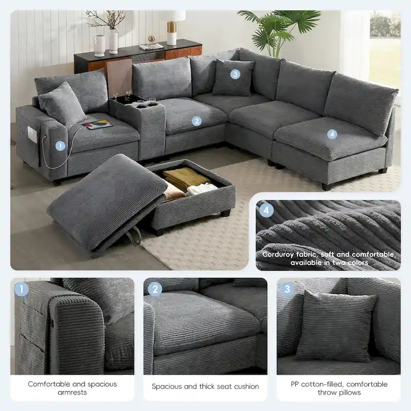 Canapé d'angle en chenille en U avec pouf, console, porte-gobelet, siège large, USB
