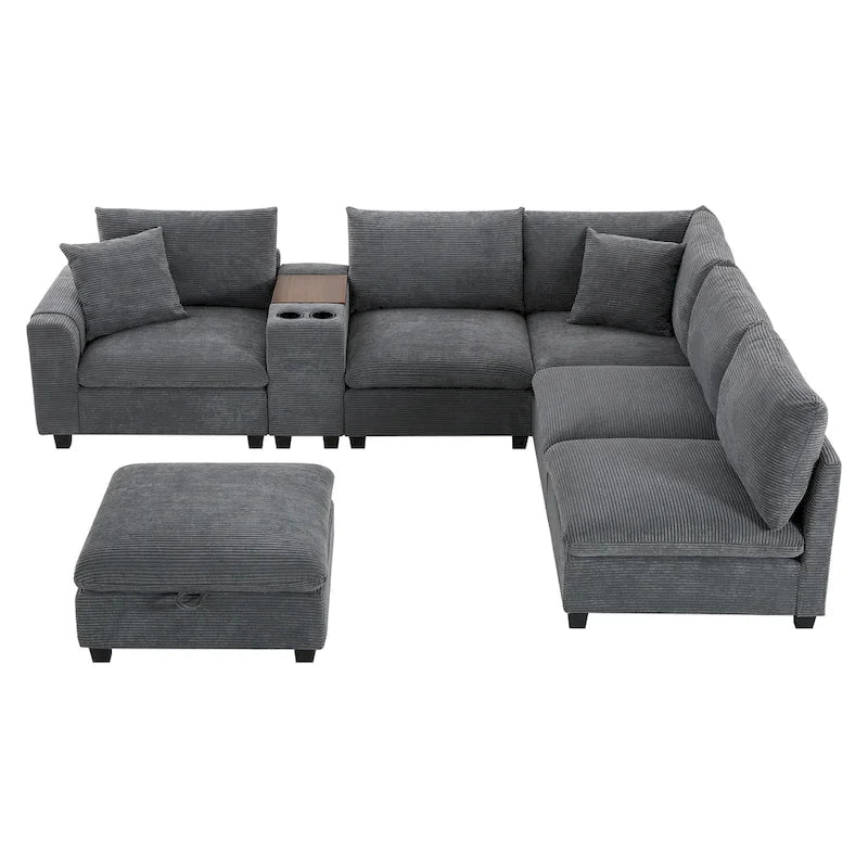Canapé d'angle en chenille en U avec pouf, console, porte-gobelet, siège large, USB