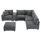 Canapé d'angle en chenille en U avec pouf, console, porte-gobelet, siège large, USB