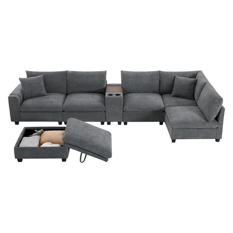 Canapé d'angle en chenille en U avec pouf, console, porte-gobelet, siège large, USB