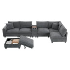 Canapé d'angle en chenille en U avec pouf, console, porte-gobelet, siège large, USB