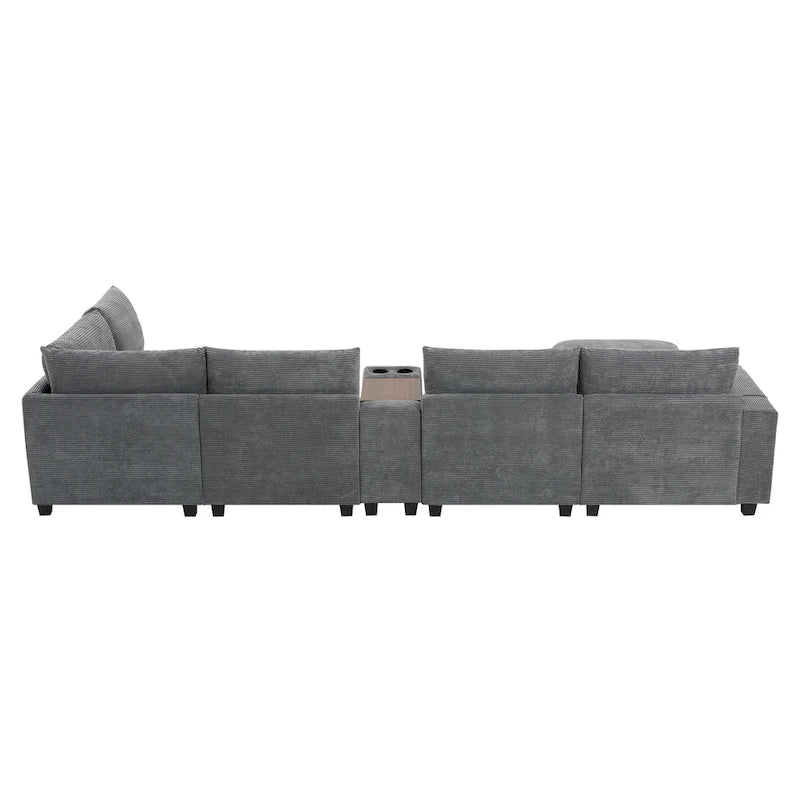 Canapé d'angle en chenille en U avec pouf, console, porte-gobelet, siège large, USB