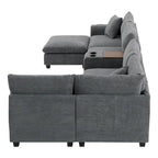 Canapé d'angle en chenille en U avec pouf, console, porte-gobelet, siège large, USB
