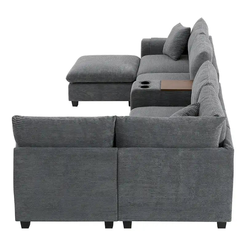 Canapé d'angle en chenille en U avec pouf, console, porte-gobelet, siège large, USB