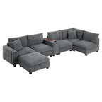 Canapé d'angle en chenille en U avec pouf, console, porte-gobelet, siège large, USB