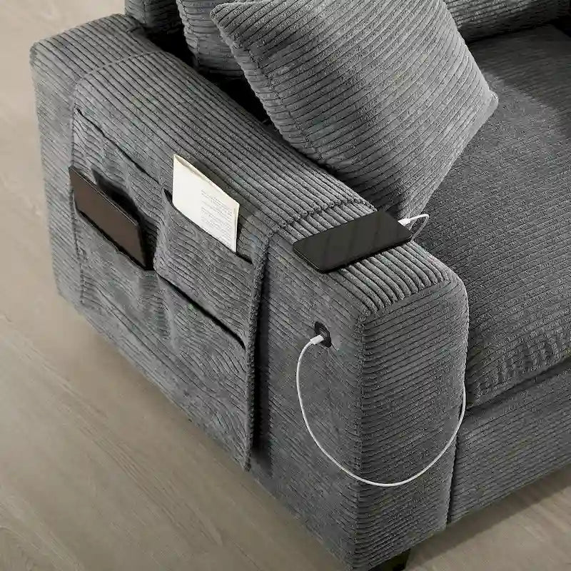 Canapé d'angle en chenille en U avec pouf, console, porte-gobelet, siège large, USB