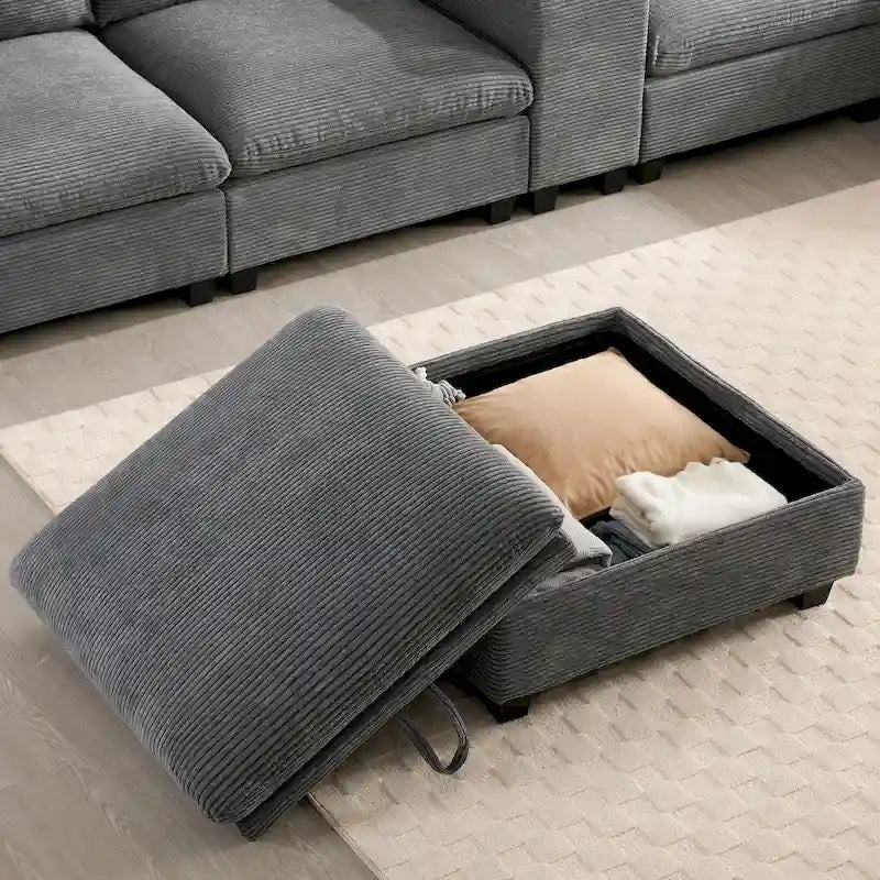Canapé d'angle en chenille en U avec pouf, console, porte-gobelet, siège large, USB