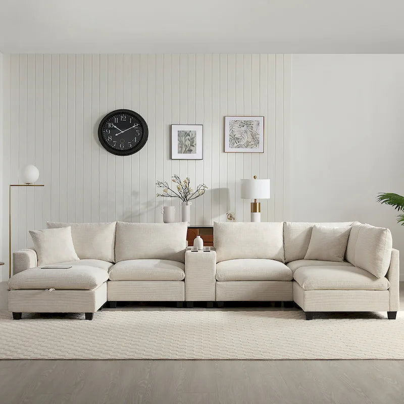 Canapé d'angle en chenille en U avec pouf, console, porte-gobelet, siège large, USB