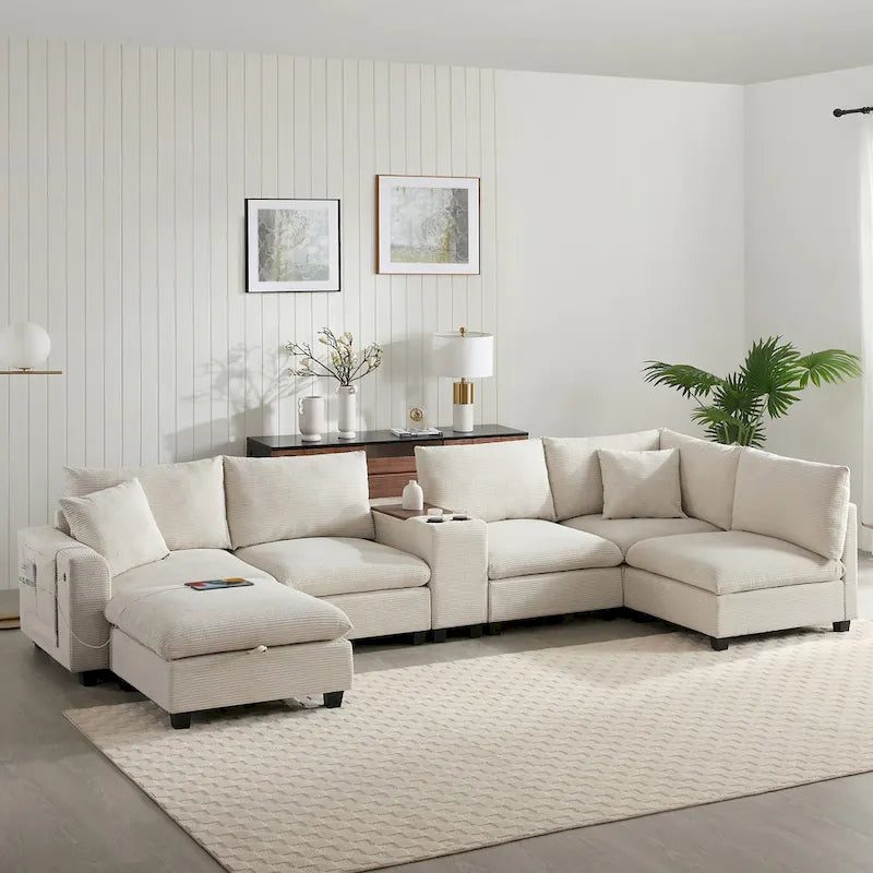 Canapé d'angle en chenille en U avec pouf, console, porte-gobelet, siège large, USB