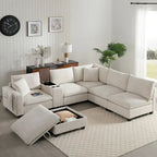 Canapé d'angle en chenille en U avec pouf, console, porte-gobelet, siège large, USB
