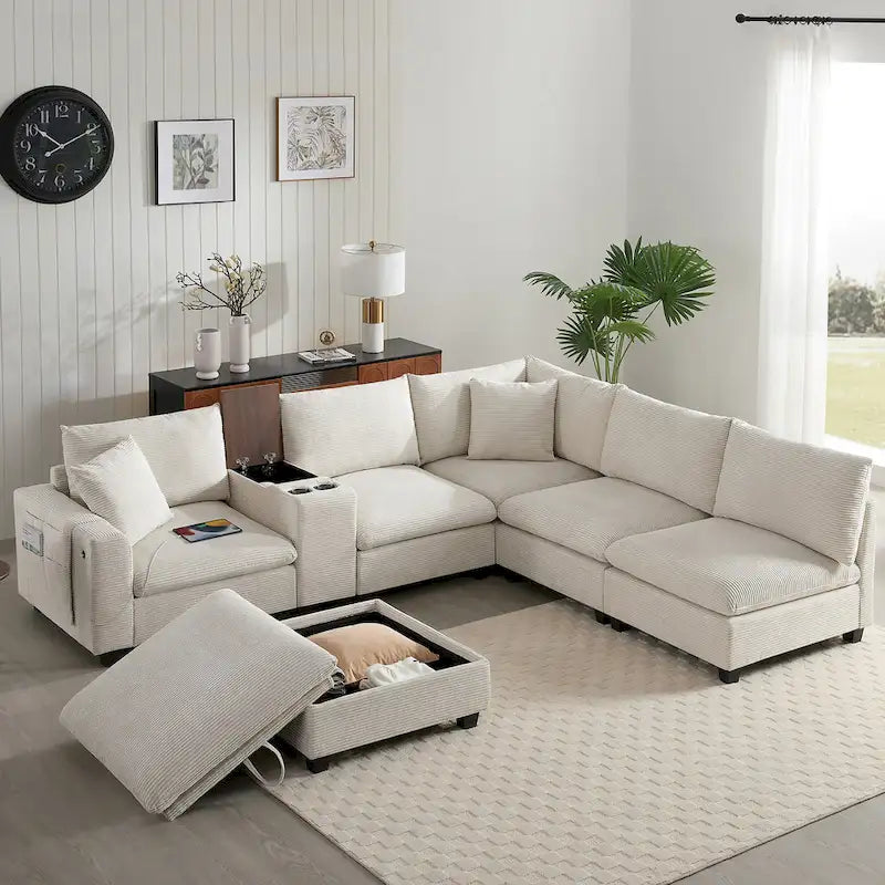 Canapé d'angle en chenille en U avec pouf, console, porte-gobelet, siège large, USB