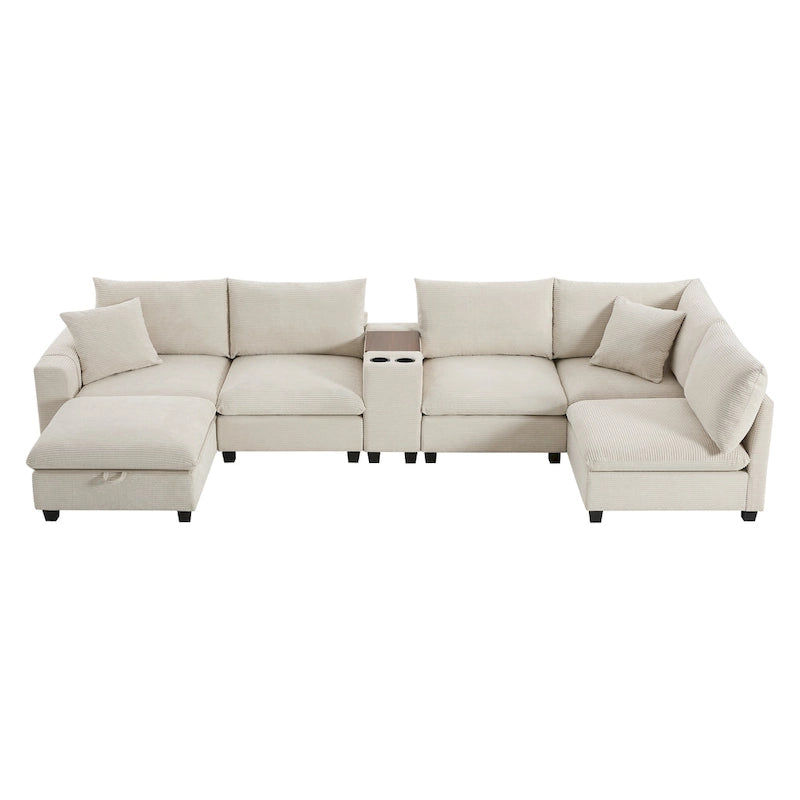 Canapé d'angle en chenille en U avec pouf, console, porte-gobelet, siège large, USB