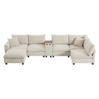 Canapé d'angle en chenille en U avec pouf, console, porte-gobelet, siège large, USB
