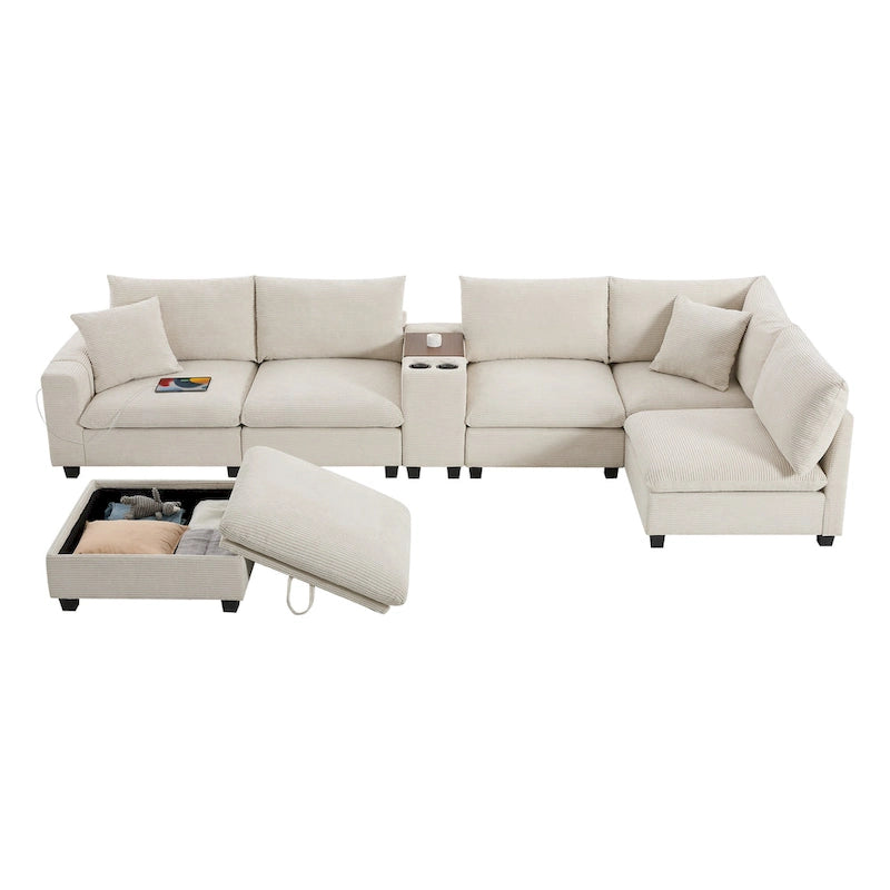 Canapé d'angle en chenille en U avec pouf, console, porte-gobelet, siège large, USB