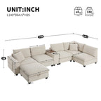 Canapé d'angle en chenille en U avec pouf, console, porte-gobelet, siège large, USB