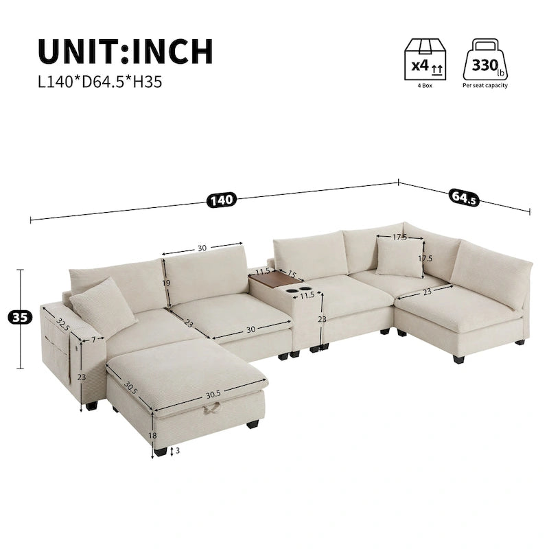 Canapé d'angle en chenille en U avec pouf, console, porte-gobelet, siège large, USB