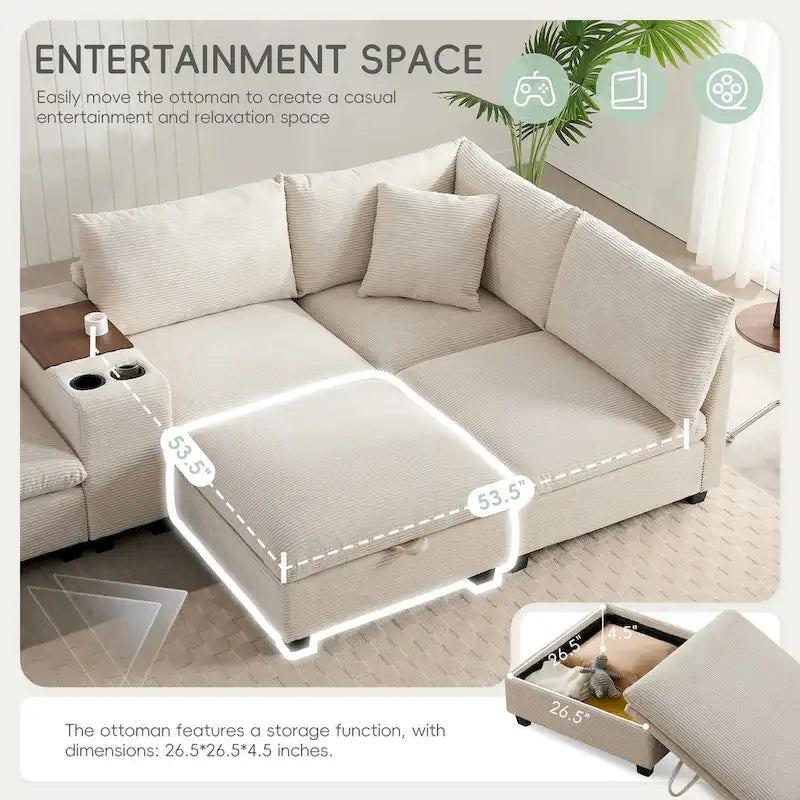 Canapé d'angle en chenille en U avec pouf, console, porte-gobelet, siège large, USB