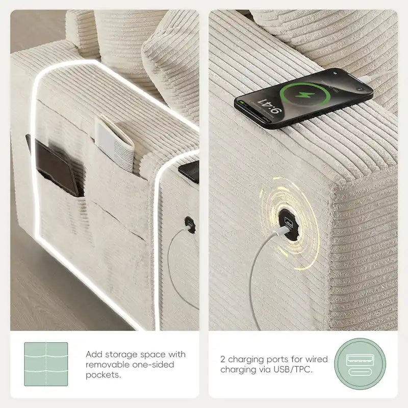 Canapé d'angle en chenille en U avec pouf, console, porte-gobelet, siège large, USB