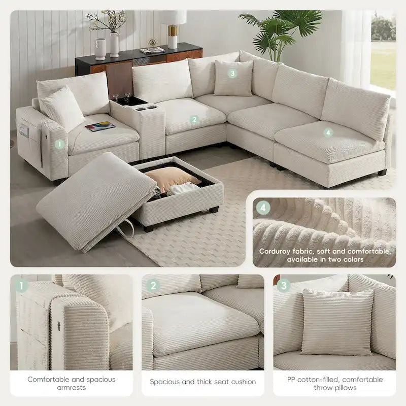 Canapé d'angle en chenille en U avec pouf, console, porte-gobelet, siège large, USB