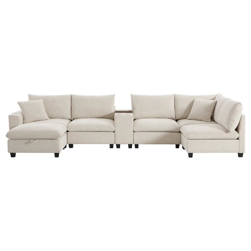 Canapé d'angle en chenille en U avec pouf, console, porte-gobelet, siège large, USB