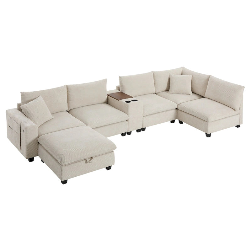 Canapé d'angle en chenille en U avec pouf, console, porte-gobelet, siège large, USB