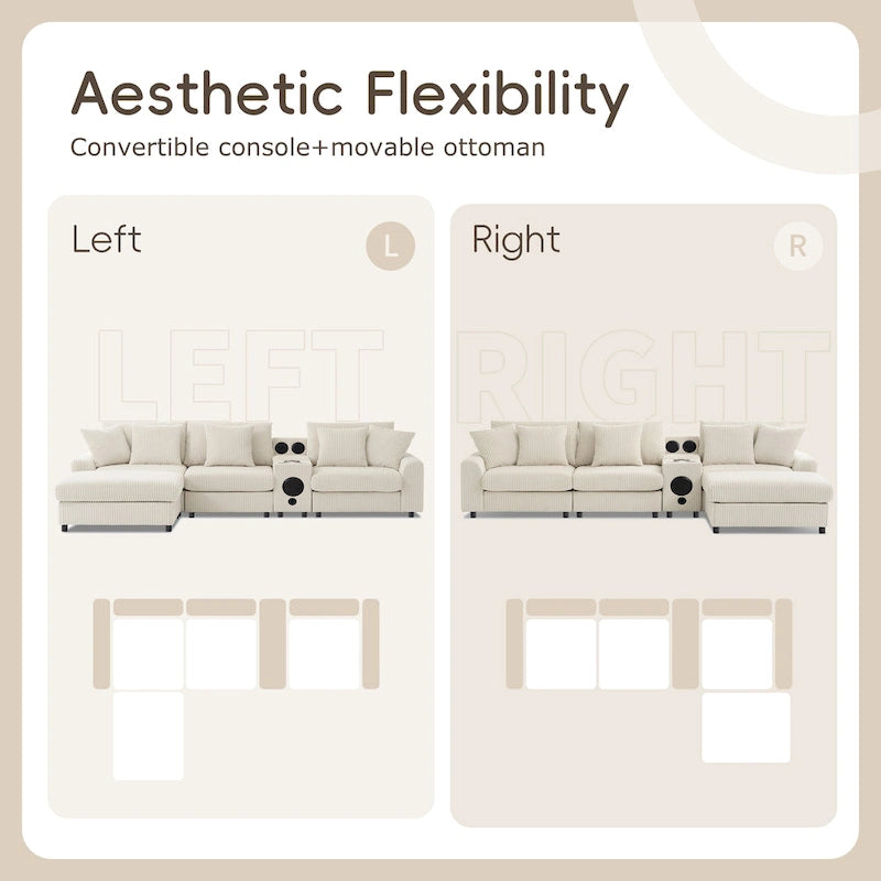 Canapé d'angle en velours côtelé avec haut-parleurs Bluetooth, canapé en L