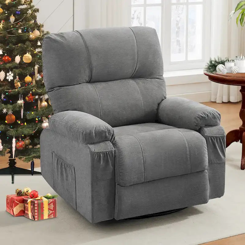 Fauteuil inclinable manuel pivotant à 360° en tissu avec repose-pieds escamotable et poches latérales