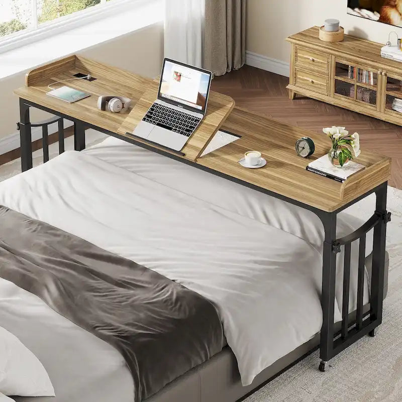 Table de lit 71 pouces avec hauteur réglable et prise de courant, Table de lit Queen Size