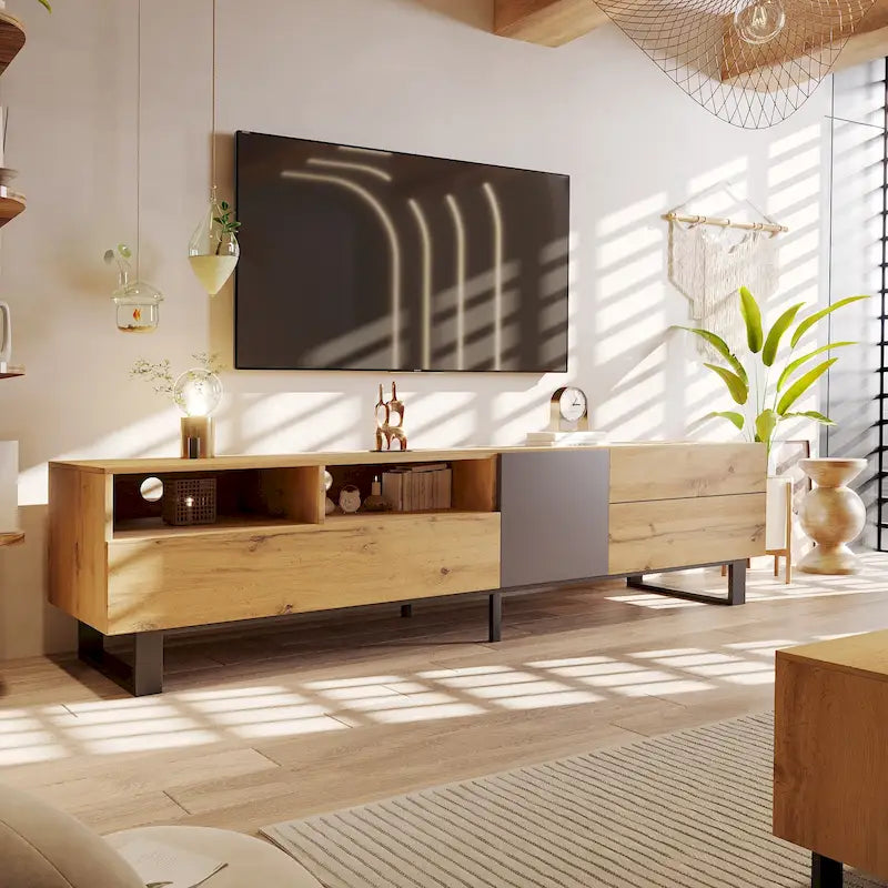 Meuble TV pour téléviseur de 80 pouces avec double espace de rangement, console multimédia, centre de divertissement avec porte abattante