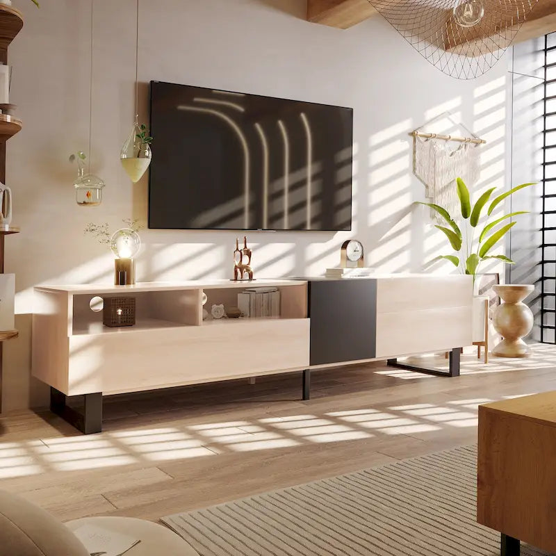 Meuble TV pour téléviseur de 80 pouces avec double espace de rangement, console multimédia, centre de divertissement avec porte abattante