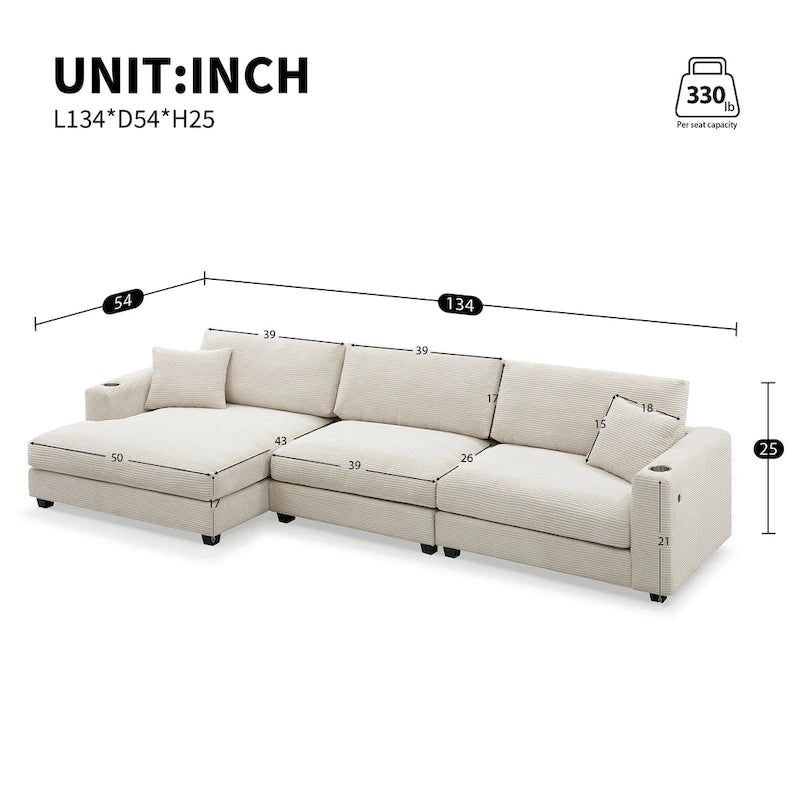 Canapé sectionnel surdimensionné en velours côtelé, Canapé nuage en forme de L avec assise profonde