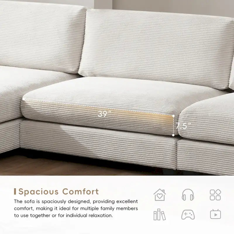 Canapé sectionnel surdimensionné en velours côtelé, Canapé nuage en forme de L avec assise profonde