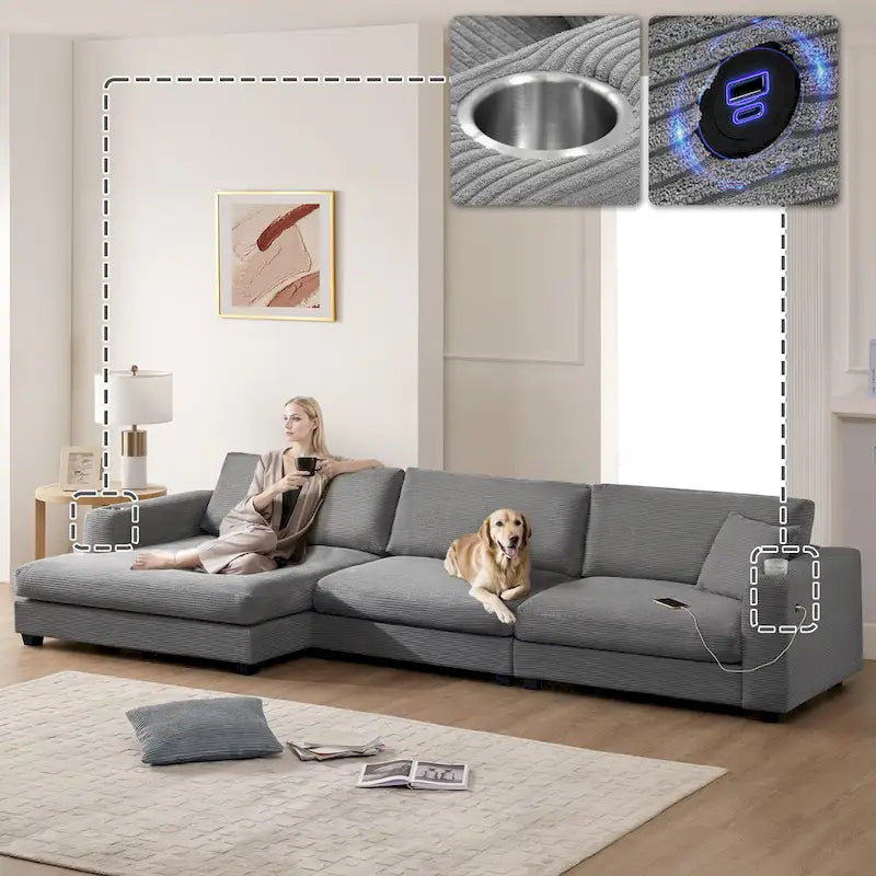 Canapé sectionnel surdimensionné en velours côtelé, Canapé nuage en forme de L avec assise profonde