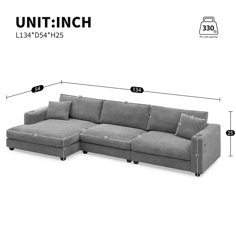 Canapé sectionnel surdimensionné en velours côtelé, Canapé nuage en forme de L avec assise profonde