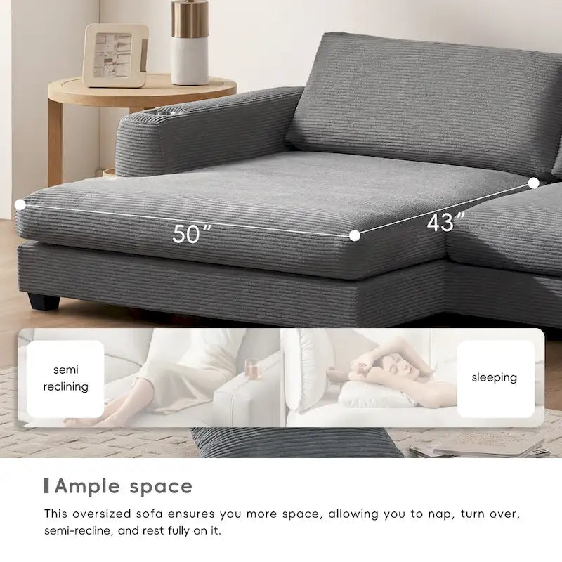 Canapé sectionnel surdimensionné en velours côtelé, Canapé nuage en forme de L avec assise profonde