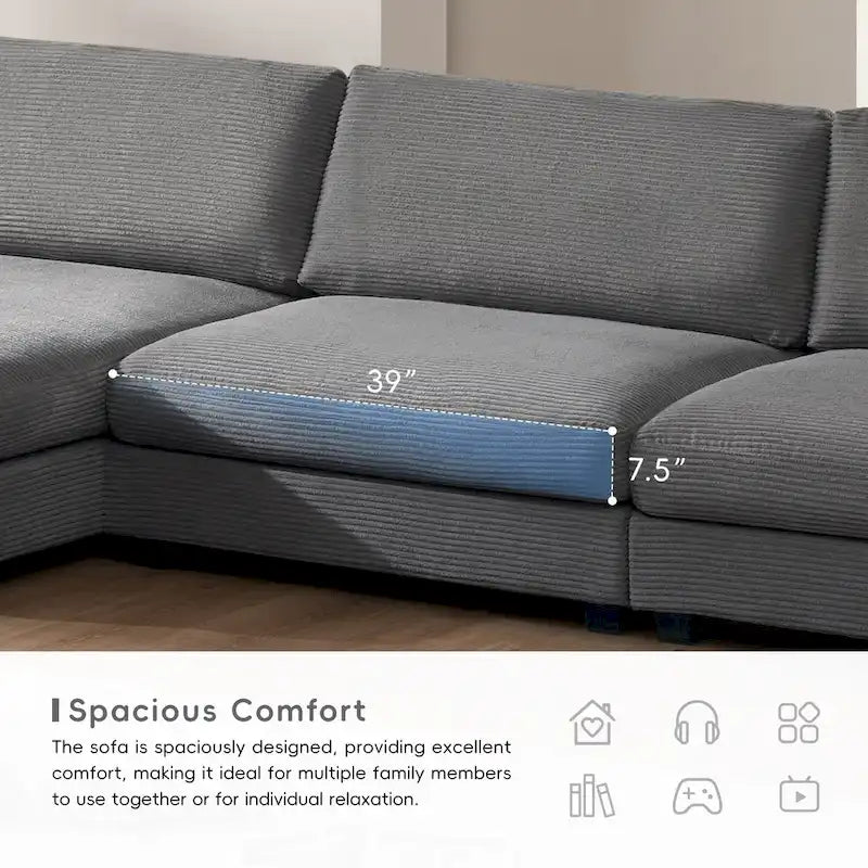 Canapé sectionnel surdimensionné en velours côtelé, Canapé nuage en forme de L avec assise profonde