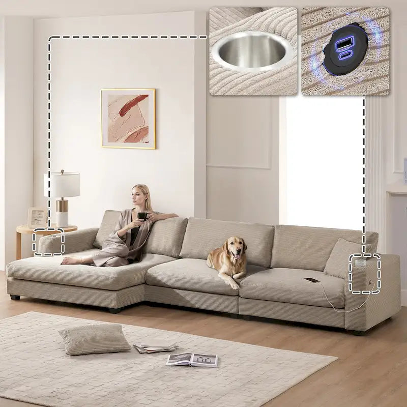 Canapé sectionnel surdimensionné en velours côtelé, Canapé nuage en forme de L avec assise profonde