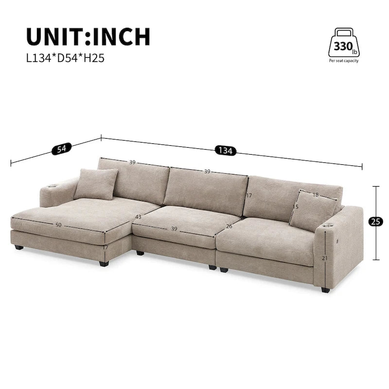 Canapé sectionnel surdimensionné en velours côtelé, Canapé nuage en forme de L avec assise profonde