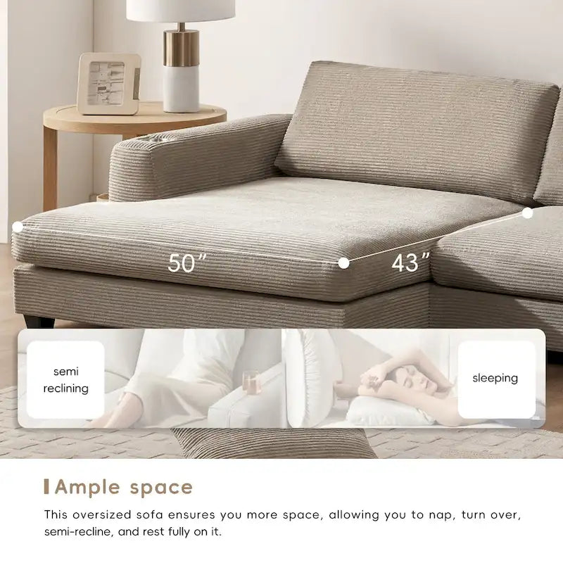 Canapé sectionnel surdimensionné en velours côtelé, Canapé nuage en forme de L avec assise profonde