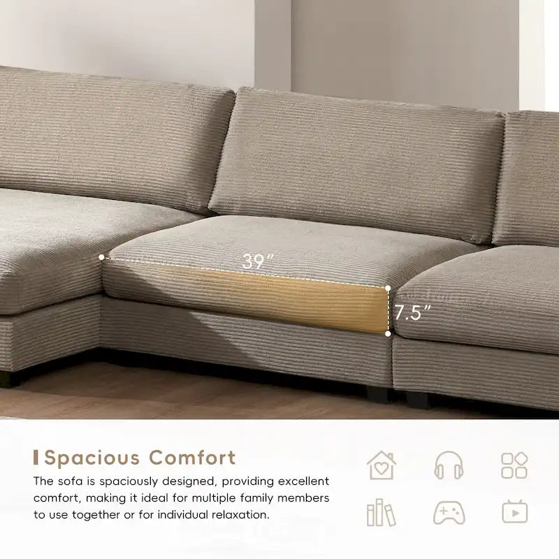 Canapé sectionnel surdimensionné en velours côtelé, Canapé nuage en forme de L avec assise profonde