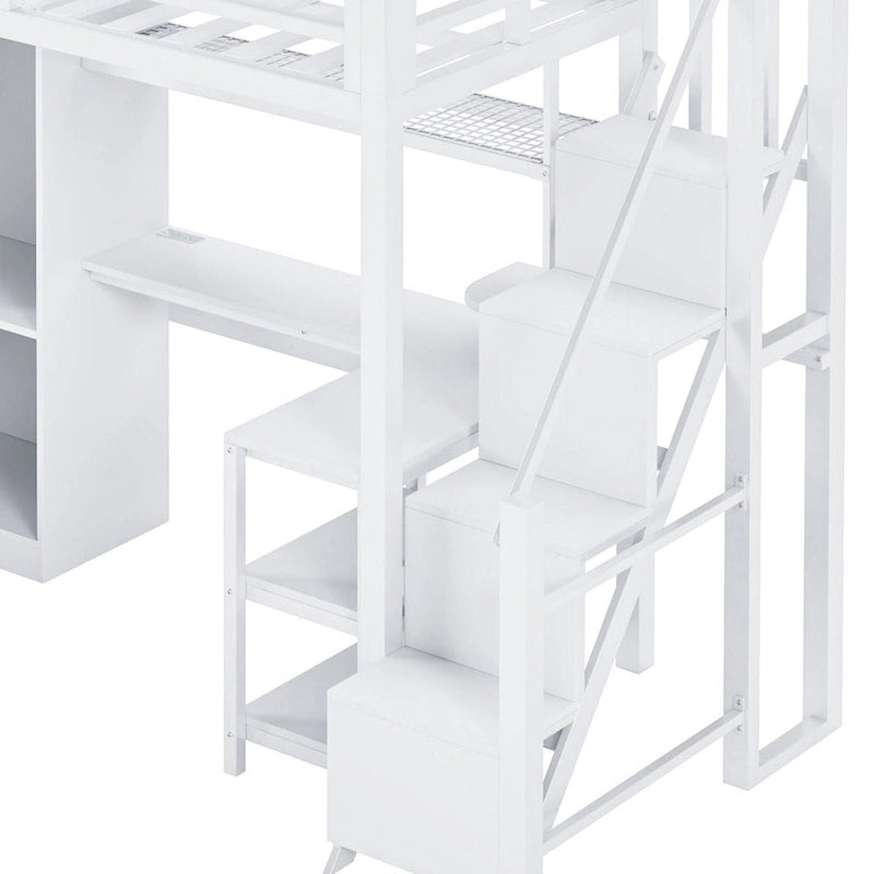 Lit mezzanine blanc avec bureau, armoire et escalier intégré, lit mezzanine en métal avec ports USB et étagère à 5 niveaux pour adultes et enfants