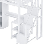 Lit mezzanine blanc avec bureau, armoire et escalier intégré, lit mezzanine en métal avec ports USB et étagère à 5 niveaux pour adultes et enfants