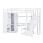 Lit mezzanine blanc avec bureau, armoire et escalier intégré, lit mezzanine en métal avec ports USB et étagère à 5 niveaux pour adultes et enfants