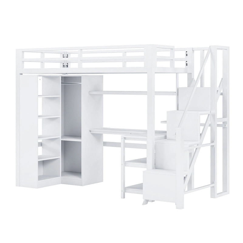 Lit mezzanine blanc avec bureau, armoire et escalier intégré, lit mezzanine en métal avec ports USB et étagère à 5 niveaux pour adultes et enfants