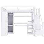 Lit mezzanine blanc avec bureau, armoire et escalier intégré, lit mezzanine en métal avec ports USB et étagère à 5 niveaux pour adultes et enfants