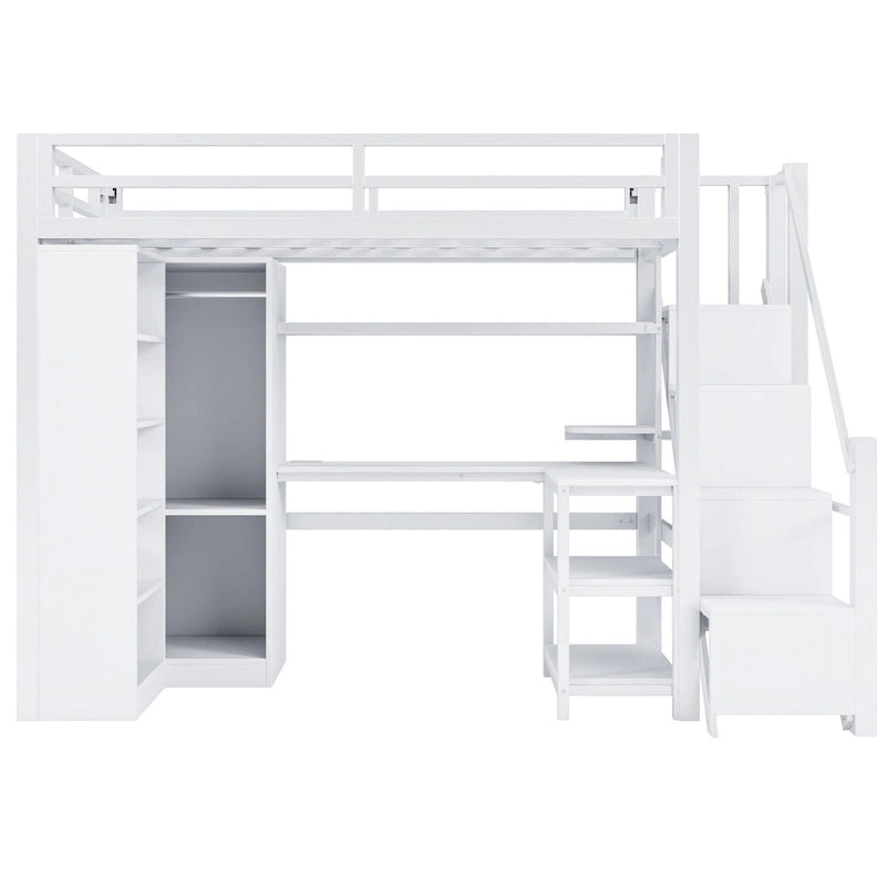 Lit mezzanine blanc avec bureau, armoire et escalier intégré, lit mezzanine en métal avec ports USB et étagère à 5 niveaux pour adultes et enfants
