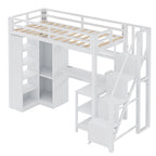 Lit mezzanine blanc avec bureau, armoire et escalier intégré, lit mezzanine en métal avec ports USB et étagère à 5 niveaux pour adultes et enfants