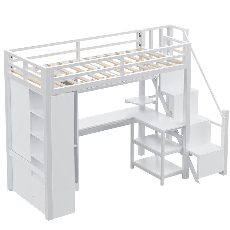 Lit mezzanine blanc avec bureau, armoire et escalier intégré, lit mezzanine en métal avec ports USB et étagère à 5 niveaux pour adultes et enfants