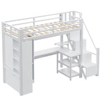 Lit mezzanine blanc avec bureau, armoire et escalier intégré, lit mezzanine en métal avec ports USB et étagère à 5 niveaux pour adultes et enfants